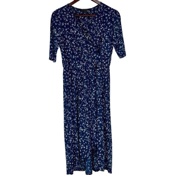 41 Hawthorn Blue Floral Faux Wrap Dress Womens Medium Boho Fairy Stretch Knit - Picture 1 of 12